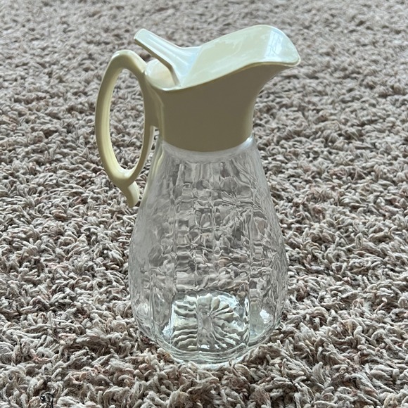 Other - Vintage Clear Textured Glass Juice Syrup Pitcher Cream Plastic Pour Spout Lid